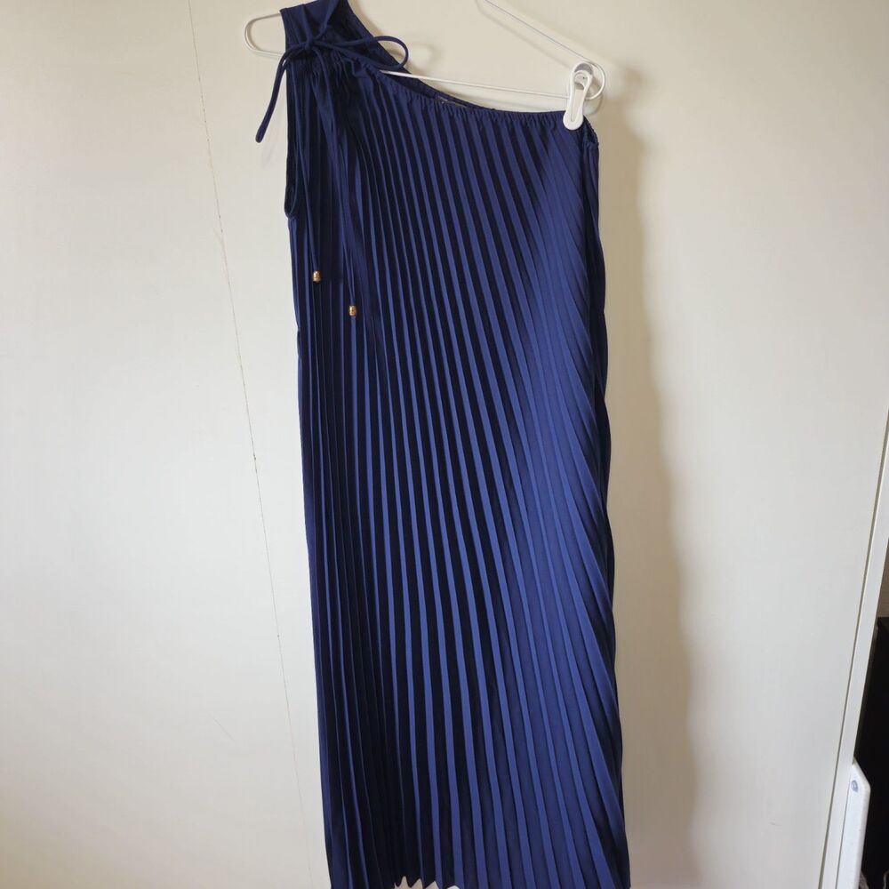 BTFBM Navy Blue Pleated One Shoulder Maxi Dress Size Small Plisse Wedding Guest